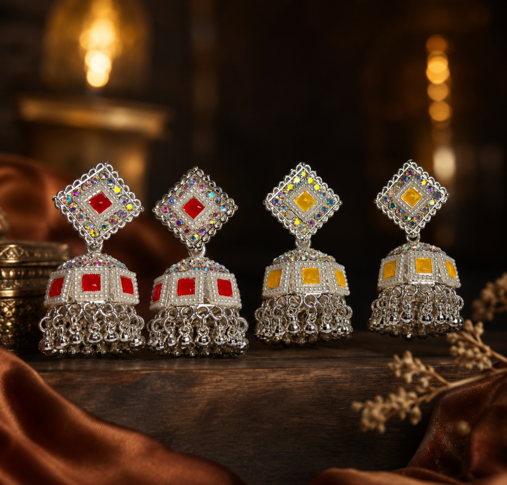 Silver Plated Traditional Jhumka Earrings for Women & Girls | Square Stud Pearl & Stone Design | Party Wear Ethnic Earrings | Pack of 1
