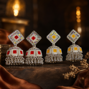 Silver Plated Traditional Jhumka Earrings for Women & Girls | Square Stud Pearl & Stone Design | Party Wear Ethnic Earrings | Pack of 1 - Image 2