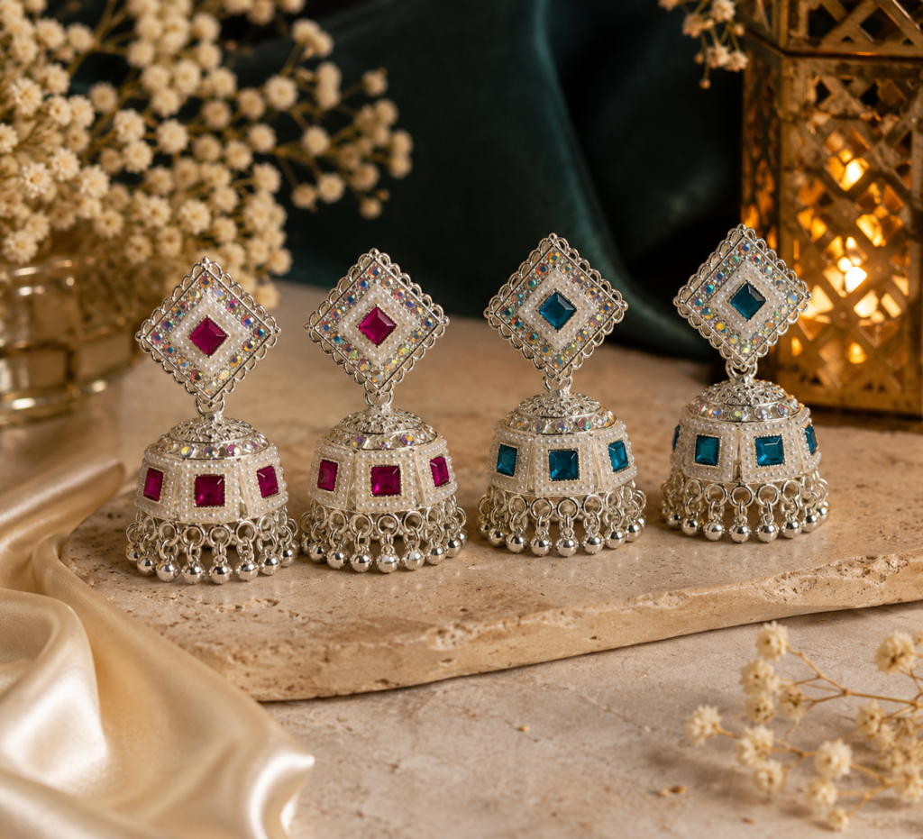 Silver Plated Traditional Jhumka Earrings for Women & Girls | Square Stud Pearl & Stone Design | Party Wear Ethnic Earrings | Pack of 1