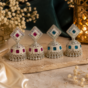 Silver Plated Traditional Jhumka Earrings for Women & Girls | Square Stud Pearl & Stone Design | Party Wear Ethnic Earrings | Pack of 1 - Image 3