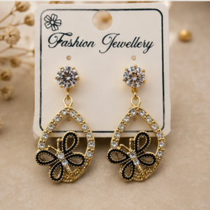 Elegant Black & Gold Floral Drop Earrings