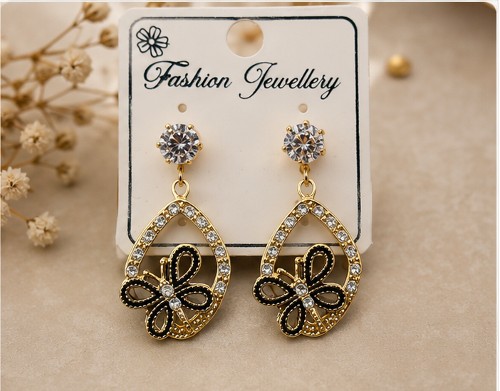 Elegant Black & Gold Floral Drop Earrings