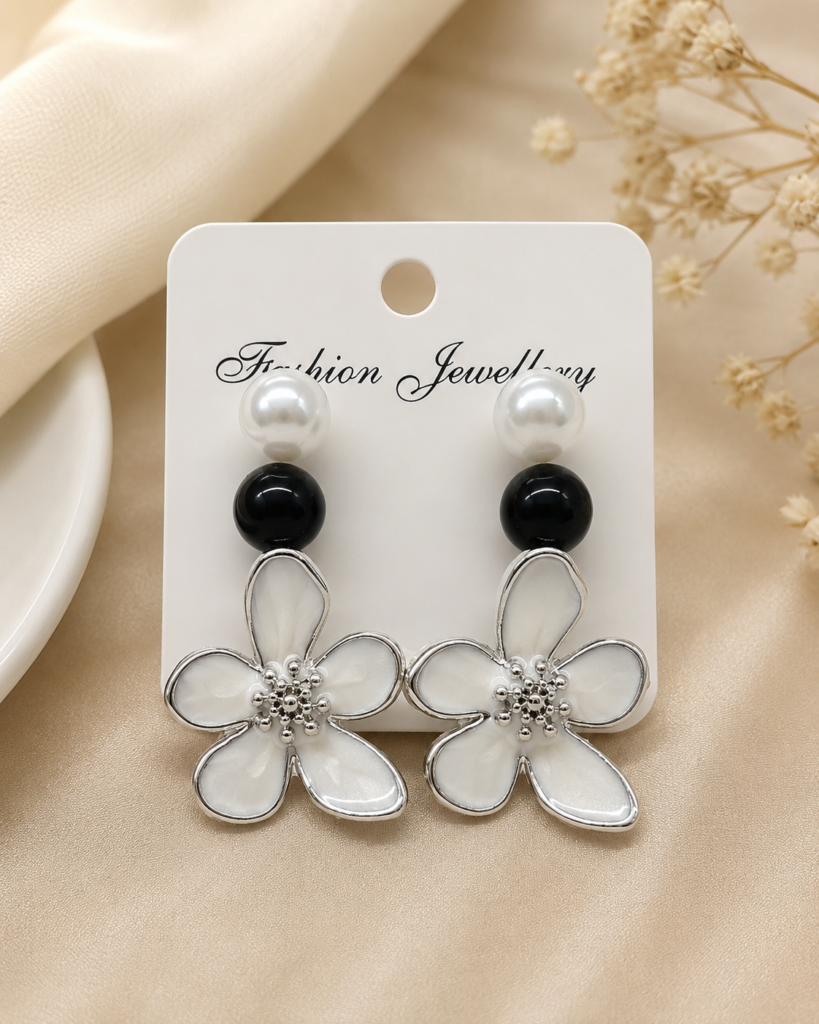 White Floral Pearl Drop Earrings
