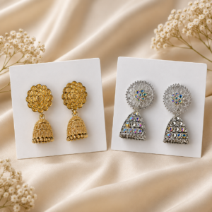 Gold-Silver Plated Traditional Jhumka Earrings for Women | Pack of 2 - Image 2