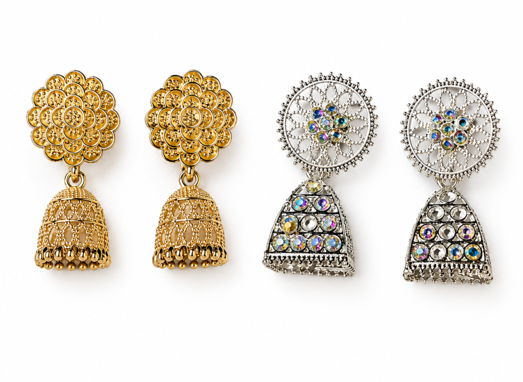 Gold-Silver Plated Traditional Jhumka Earrings for Women | Pack of 2