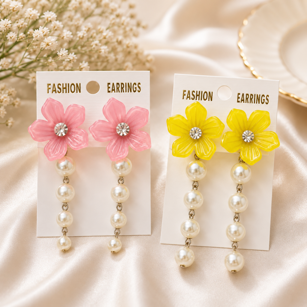 Flower Pearl Drop Earrings for Women | Pack Of 2