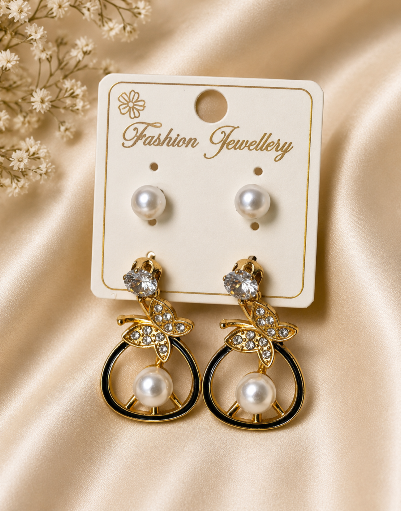 Pearl Stud & Butterfly Drop Earrings