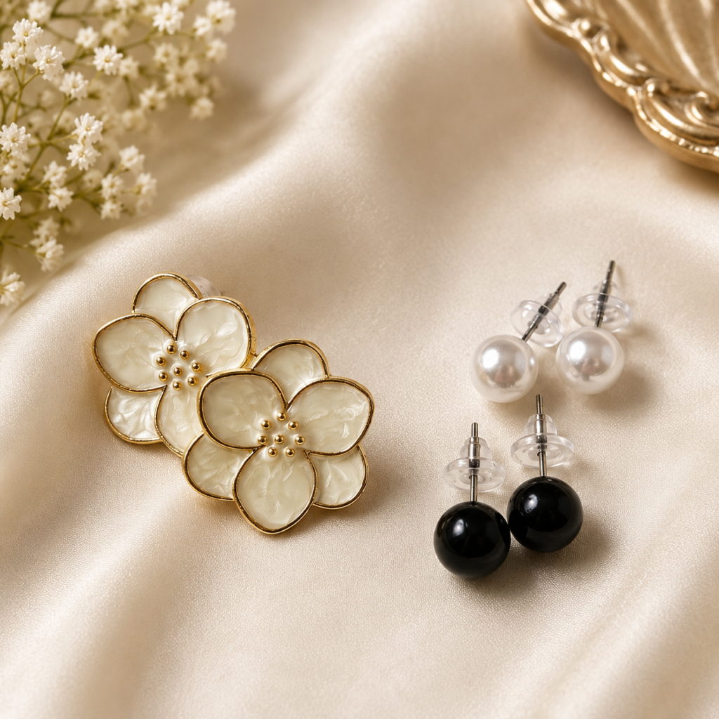 Elegant Pearl & Black Bead Floral Stud Earrings for Girls & Women | Pack of 1