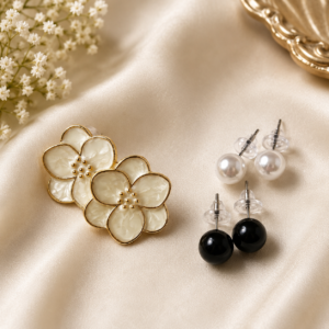 Elegant Pearl & Black Bead Floral Stud Earrings for Girls & Women | Pack of 1 - Image 2