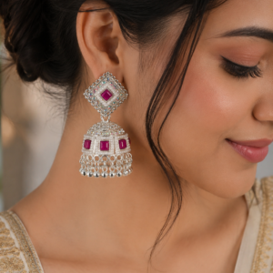 Silver Plated Traditional Jhumka Earrings for Women & Girls | Square Stud Pearl & Stone Design | Party Wear Ethnic Earrings | Pack of 1