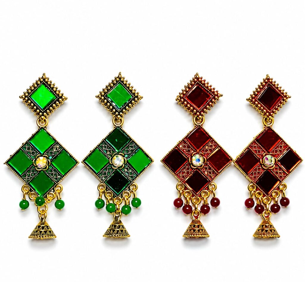 Gold Plated Square Mirror Jhumka Earrings | Pack of 02