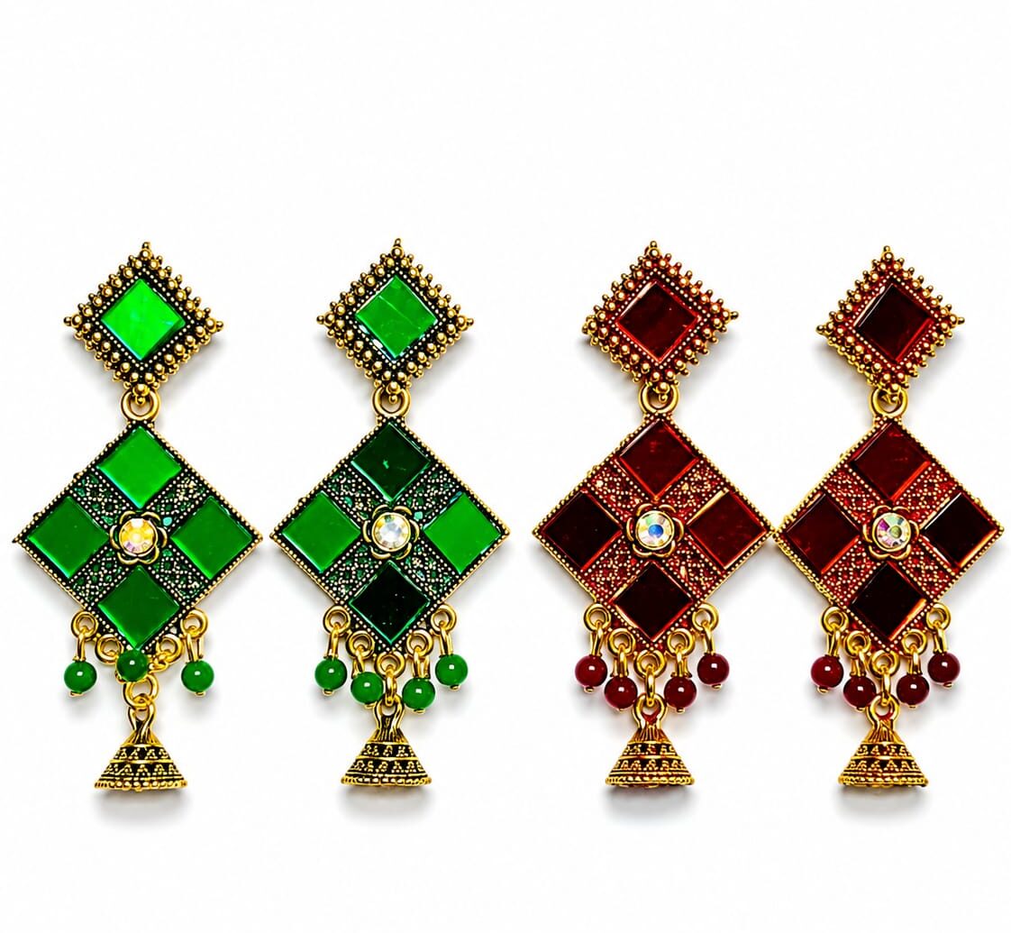 Gold Plated Square Mirror Jhumka Earrings | Pack of 02 - Image 1