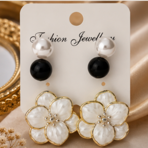 Elegant Pearl & Black Bead Floral Stud Earrings for Girls & Women | Pack of 1