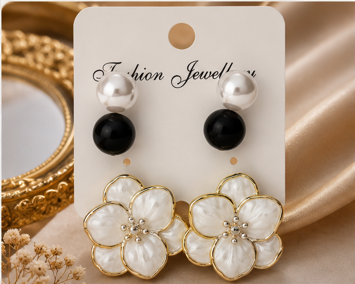 Elegant Pearl & Black Bead Floral Stud Earrings for Girls & Women | Pack of 1