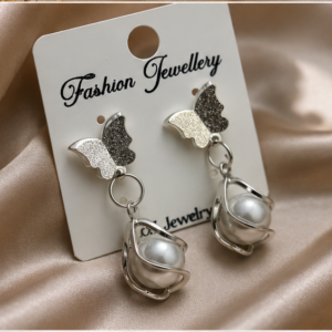 Korean Silver Butterfly Pearl Drop Earrings