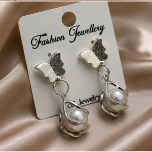 Korean Silver Butterfly Pearl Drop Earrings