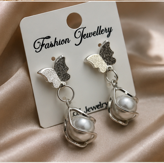 Korean Silver Butterfly Pearl Drop Earrings