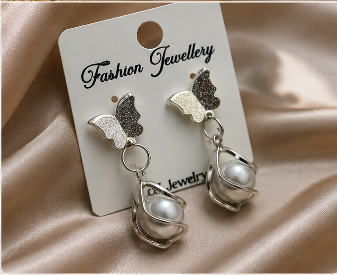 Korean Silver Butterfly Pearl Drop Earrings