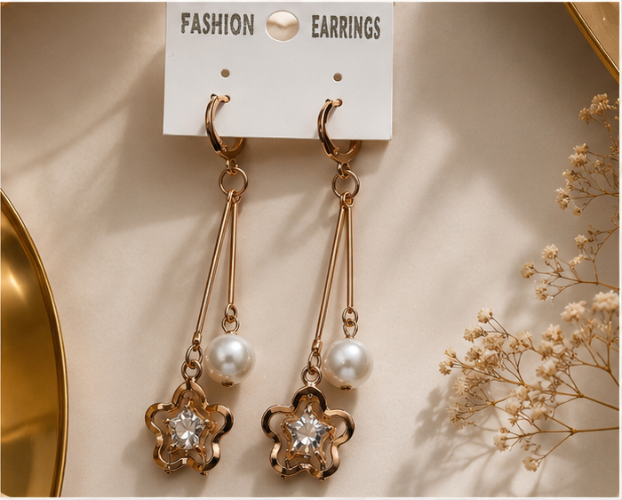 Luxury Gold-Plated Pearl & Crystal Flower Drop Earrings for Girl & Women