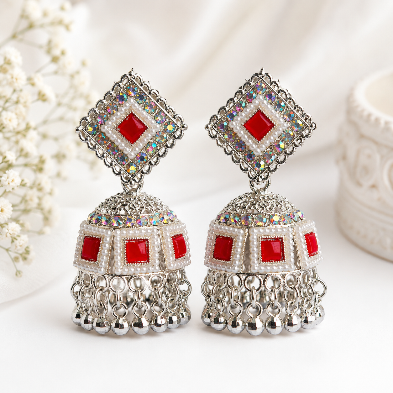 Silver Plated Red Jhumka Earring - Image 1